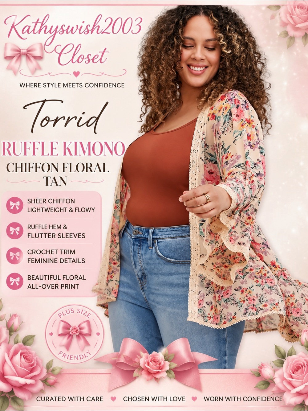 torrid Cream Floral Chiffon Ruffle Kimono with Crochet Trim